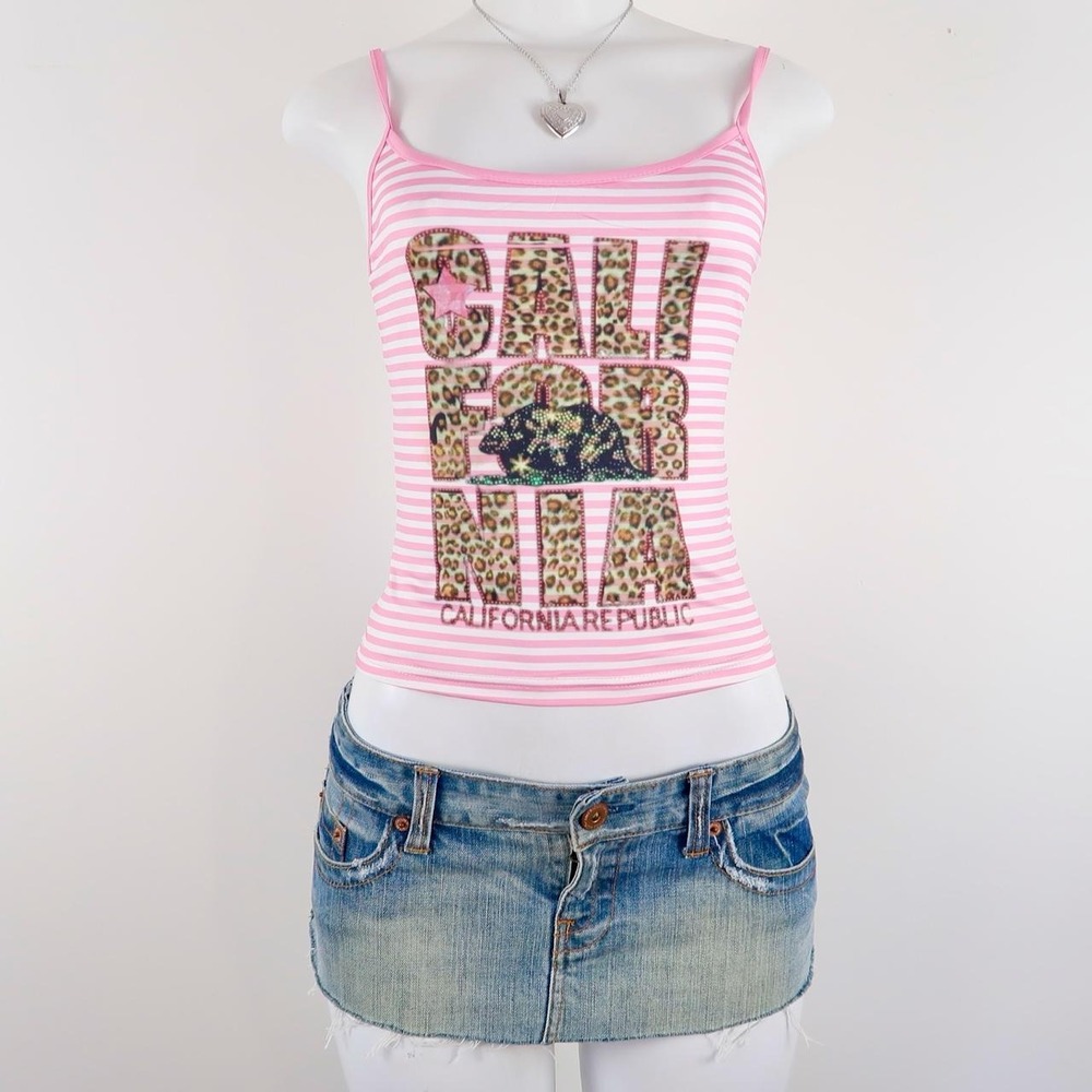 y2k pink striped "california republic" leopard graphic tank